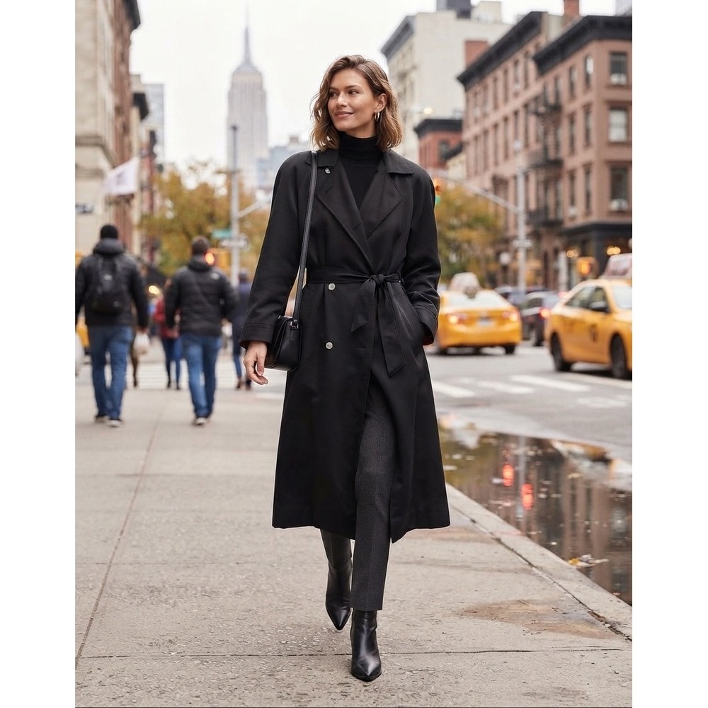 Women's vintage Black double breasted & lined, belted oversized trench coat SZ 8